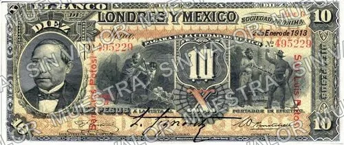 10 pesos, uncat $10 stamped 'Villahermosa' (M272), anverso (M272u $10 overprinted 'San Luis Potosí')