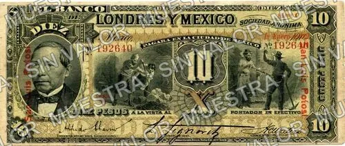 10 pesos, uncat $10 stamped 'Villahermosa' (M272), anverso (M272u $10 overprinted 'San Luis Potosí')