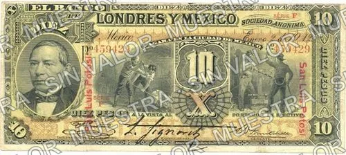 10 pesos, uncat $10 stamped 'Villahermosa' (M272), anverso (M272u $10 overprinted 'San Luis Potosí')