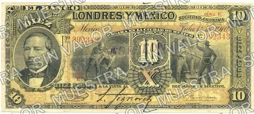 10 pesos, uncat $10 stamped 'Villahermosa' (M272), anverso (M272v $10 stamped large 'TORREON')