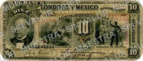 10 pesos, uncat $10 stamped 'Villahermosa' (M272), anverso (M272v $10 stamped 'TORREON')