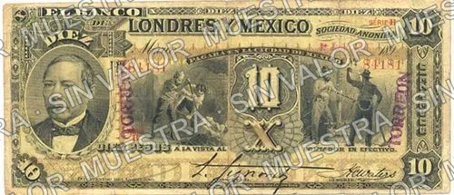 10 pesos, uncat $10 stamped 'Villahermosa' (M272), anverso (M272v $10 stamped 'TORREON')