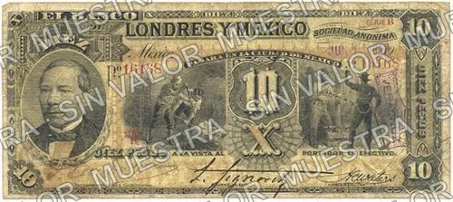 10 pesos, uncat $10 stamped 'Villahermosa' (M272), anverso (M272x $10 stamped 'VERACRUZ' in cartouche)