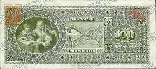 100 pesos, .5 $100 Banco Minero model (M137), reverso (M137d $100 Banco Minero)