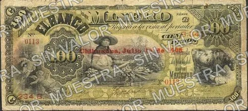 100 pesos, .5 $100 Banco Minero model (M137), anverso (M137e $100 revalidated on 1 June 1908)