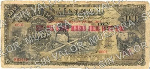 100 pesos, .5 $100 Banco Minero model (M137), anverso (M137f $100 revalidated in an unidentified branch on 16 July 1908)