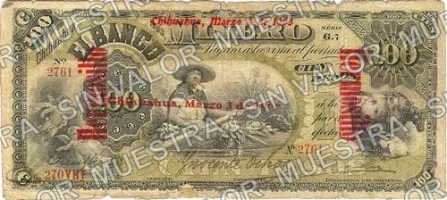 100 pesos, .5 $100 Banco Minero model (M137), M137i $100 overprinted for use in Hermosillo in 1903 and revalidated in Chihuahua on 3 March 1908, anverso