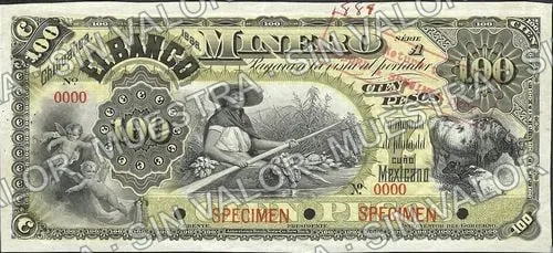 100 pesos, .5 $100 Banco Minero model (M137), anverso (M137s $100 Banco Minero specimen)