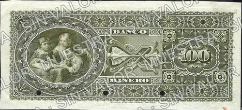 100 pesos, .5 $100 Banco Minero model (M137), reverso (M137s $100 Banco Minero specimen)