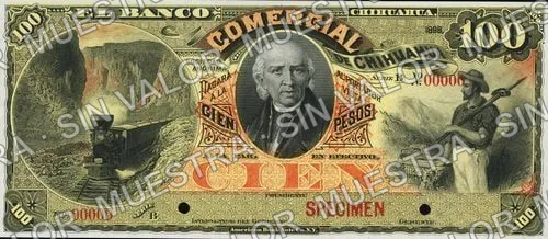 100 pesos, Banco Comercial de Chihuahua (M87), M87s $100 Banco Comercial de Chihuahua specimen, anverso