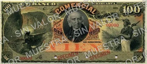100 pesos, Banco Comercial de Chihuahua (M87), M87s $100 Banco Comercial de Chihuahua specimen, anverso