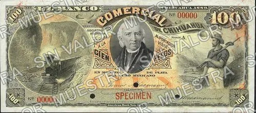 100 pesos, Banco Comercial de Chihuahua (M87), M87s $100 Banco Comercial de Chihuahua specimen, anverso