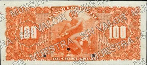 100 pesos, Banco Comercial de Chihuahua (M87), M87s $100 Banco Comercial de Chihuahua specimen, reverso