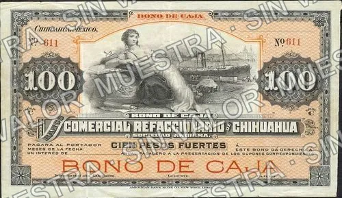 100 pesos, Banco Comercial Refaccionario de Chihuahua (M90), M90r $100 Banco Comercial Refaccionario de Chihuahua, anverso