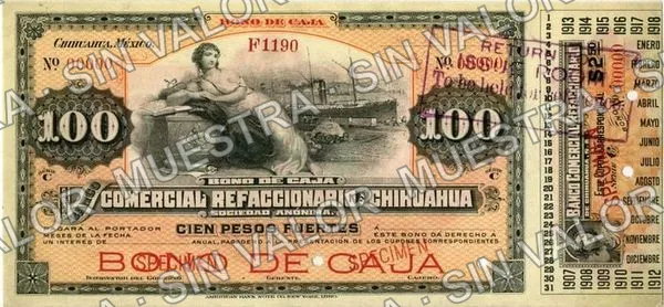 100 pesos, Banco Comercial Refaccionario de Chihuahua (M90), M90s $100 Banco Comercial Refaccionario de Chihuahua specimen, anverso