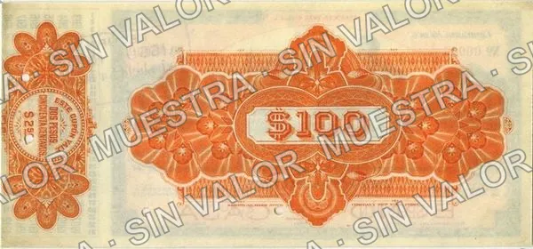 100 pesos, Banco Comercial Refaccionario de Chihuahua (M90), M90s $100 Banco Comercial Refaccionario de Chihuahua specimen, reverso