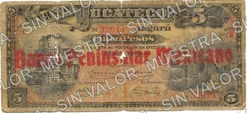 100 pesos, Banco de Aguascalientes (M55), anverso (M55b $5 needlepunched 'CAMPECHE')