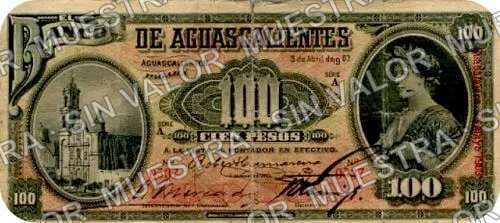 100 pesos, Banco de Aguascalientes (M55), anverso (M55c $100 overprinted 'Guadalajara, 28 Mayo 1903')