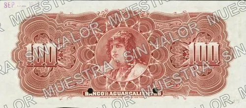 100 pesos, Banco de Aguascalientes (M55), reverso (M55s $100 Banco de Aguascalientes specimen)