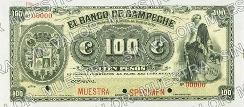 100 pesos, Banco de Campeche (M63), anverso (M63p $100 Banco de Campeche specimen)