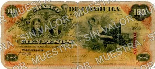 100 pesos, Banco de Coahuila (M171), anverso (M171d $100 overprinted 'TORREON')