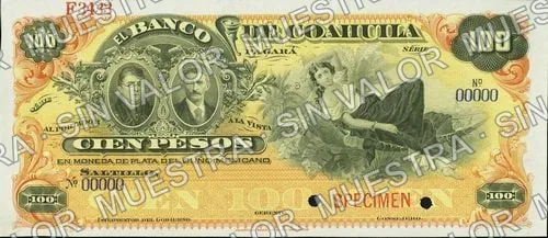 100 pesos, Banco de Coahuila (M171), anverso (M171s $100 Banco de Coahuila specimen)
