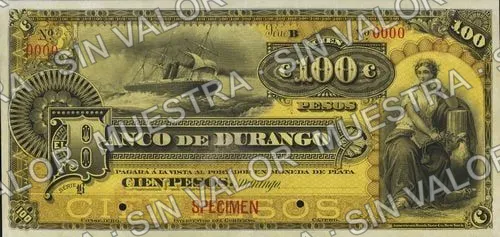 100 pesos, Banco de Durango (M338), anverso (M338s $100 Banco de Durango specimen)