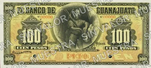 100 pesos, Banco de Guanajuato (M354), anverso (M354s $100 specimen)
