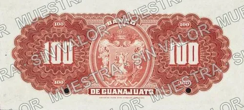 100 pesos, Banco de Guanajuato (M354), reverso (M354s $100 specimen)