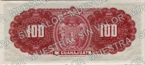 100 pesos, Banco de Guanajuato (M354), reverso (M354s $100 specimen)