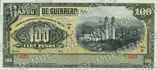 100 pesos, Banco de Guerrero (M365), M365r $100 needle-punched 'AMORTIZADO', anverso