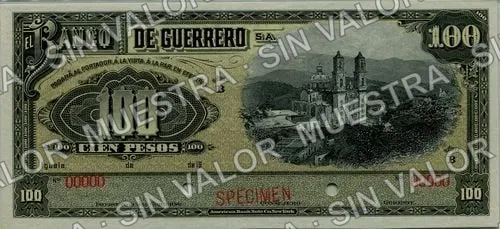100 pesos, Banco de Guerrero (M365), anverso (M365s $100 Banco de Guerrero specimen)