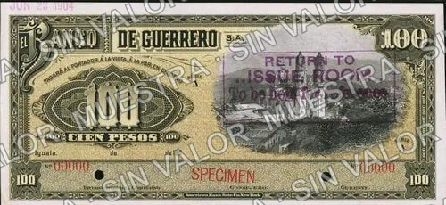 100 pesos, Banco de Guerrero (M365), anverso (M365s $100 Banco de Guerrero specimen)