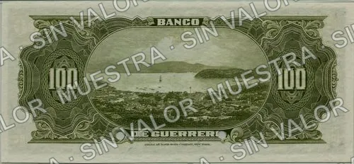 100 pesos, Banco de Guerrero (M365), reverso (M365s $100 Banco de Guerrero specimen)