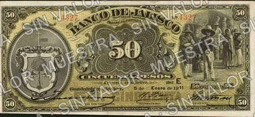 100 pesos, Banco de Jalisco (M390), anverso (M390a $50 Banco de Jalisco)
