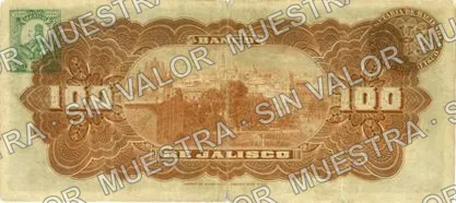 100 pesos, Banco de Jalisco (M390), reverso (M390a $100 Banco de Jalisco)