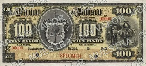 100 pesos, Banco de Jalisco (M390), M390s $100 Banco de Jalisco specimen, anverso