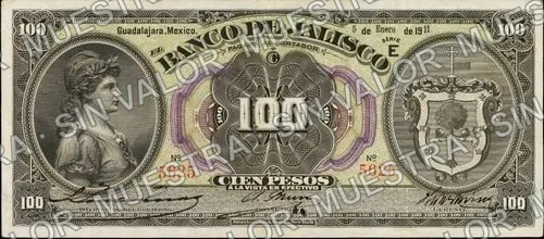 100 pesos, Banco de Jalisco (M391), M391a $100 Banco de Jalisco, anverso