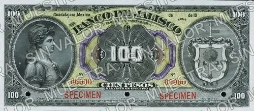 100 pesos, Banco de Jalisco (M391), anverso (M391s $100 Banco de Jalisco specimen)