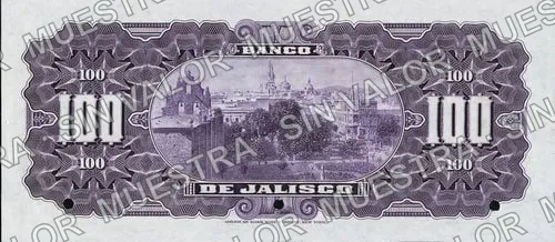 100 pesos, Banco de Jalisco (M391), reverso (M391s $100 Banco de Jalisco specimen)