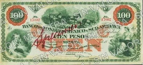 100 pesos, Banco de Londres, México y Sud América (M254), anverso (M254s $100 Banco de Londres, México y Sud América specimen)