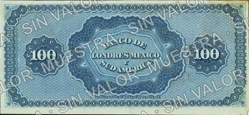 100 pesos, Banco de Londres, México y Sud América (M254), reverso