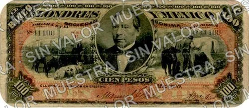 100 pesos, Banco de Londres y México (M275), anverso (M275f $100 stamped 'AGUASCALIENTES')