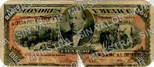 100 pesos, Banco de Londres y México (M275), M275f $100 stamped 'AGUASCALIENTES', anverso