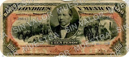 100 pesos, Banco de Londres y México (M275), M275l $100 stamped 'GUANAJUATO' in box, anverso