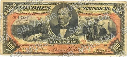 100 pesos, Banco de Londres y México (M275), M275l $100 stamped 'GUANAJUATO' in box, anverso