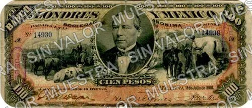 100 pesos, Banco de Londres y México (M275), anverso (M275m $100 stamped 'PUEBLA' in oval)