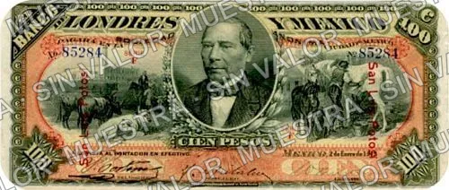 100 pesos, Banco de Londres y México (M275), M275o $100 overprinted 'San Luis Potosí', anverso