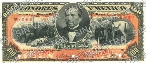 100 pesos, Banco de Londres y México (M275), anverso (M275s $100 Banco de Londres y México)