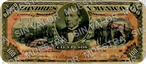 100 pesos, Banco de Londres y México (M275), M275t $100 stamped 'VERACRUZ', anverso